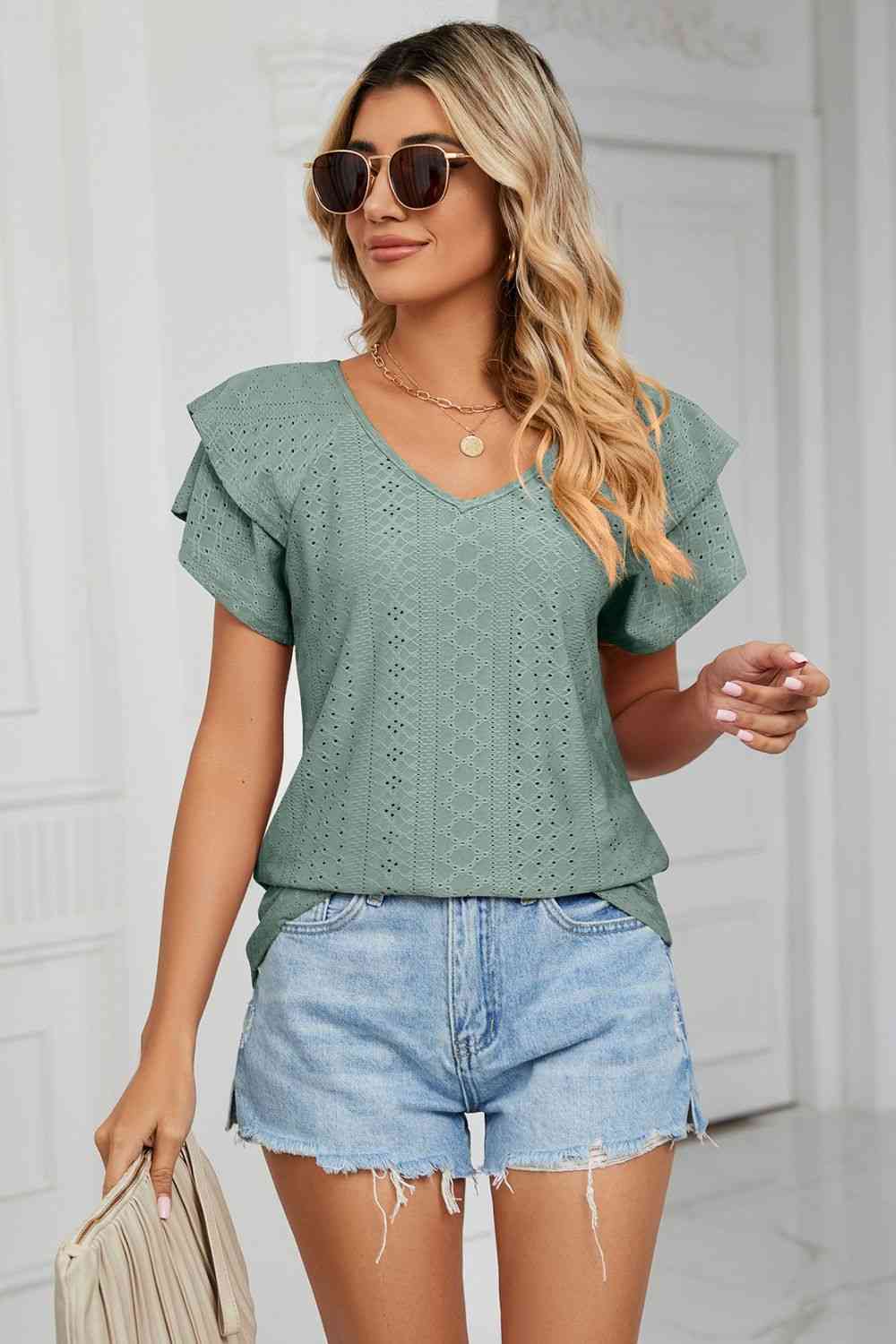 Eyelet Layered Flutter Sleeve V-Neck Knit Top