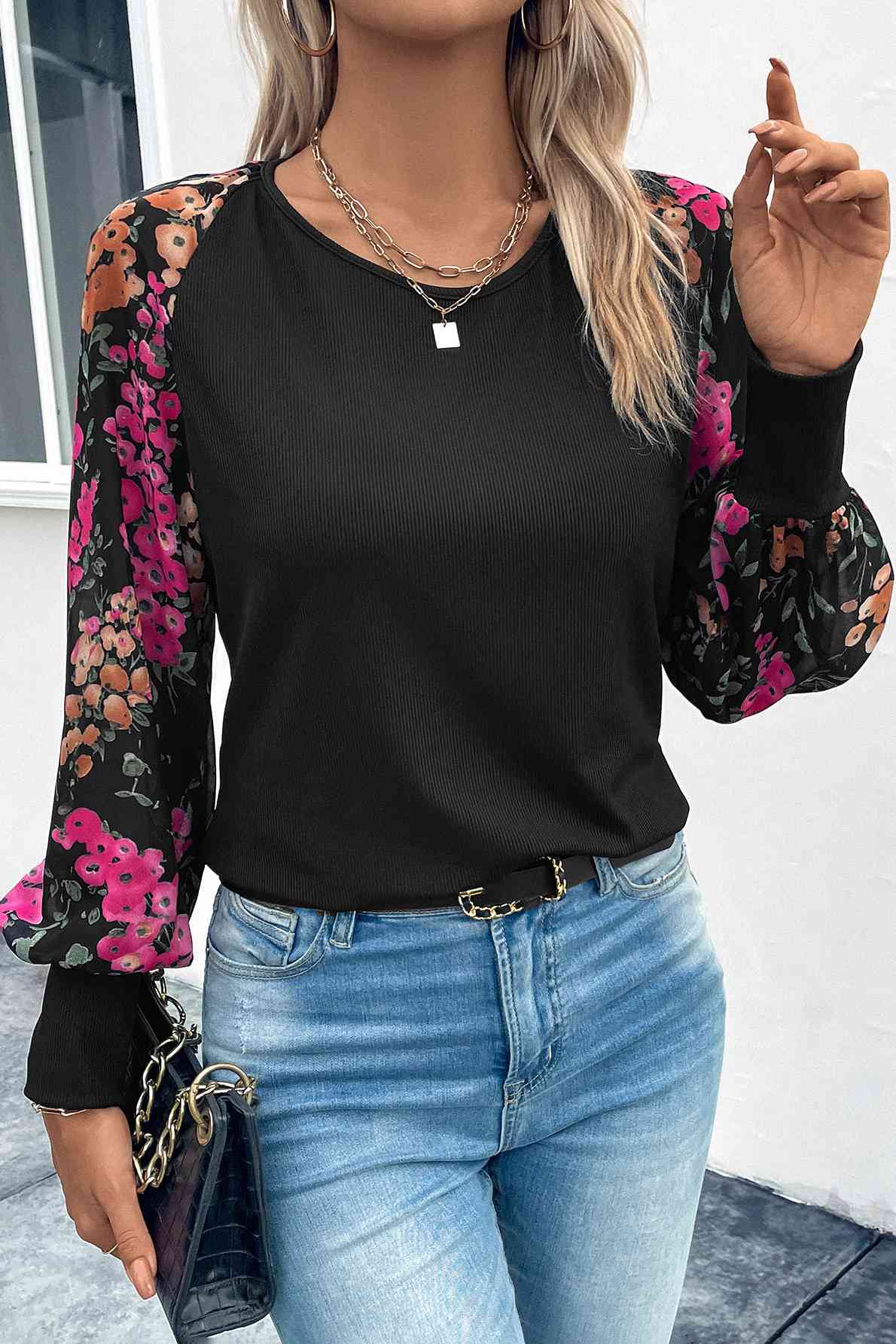 Floral Round Neck Lantern Sleeve Blouse