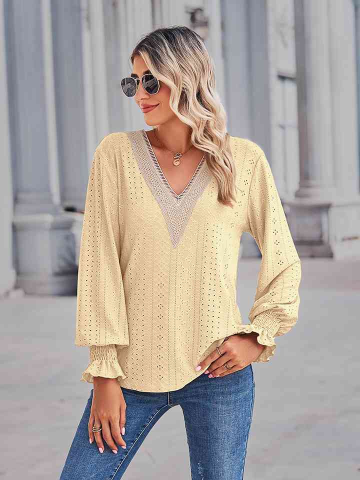 V-Neck Eyelet Flounce Sleeve Blouse