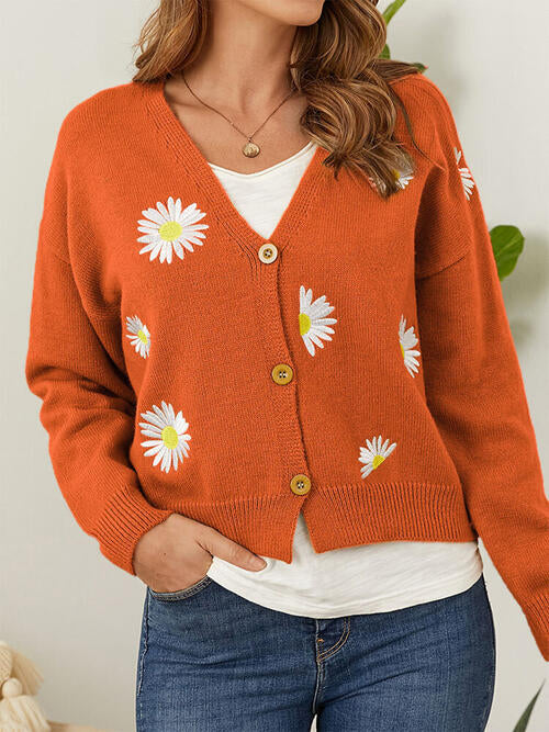 Flower Button Front Dropped Shoulder Cardigan