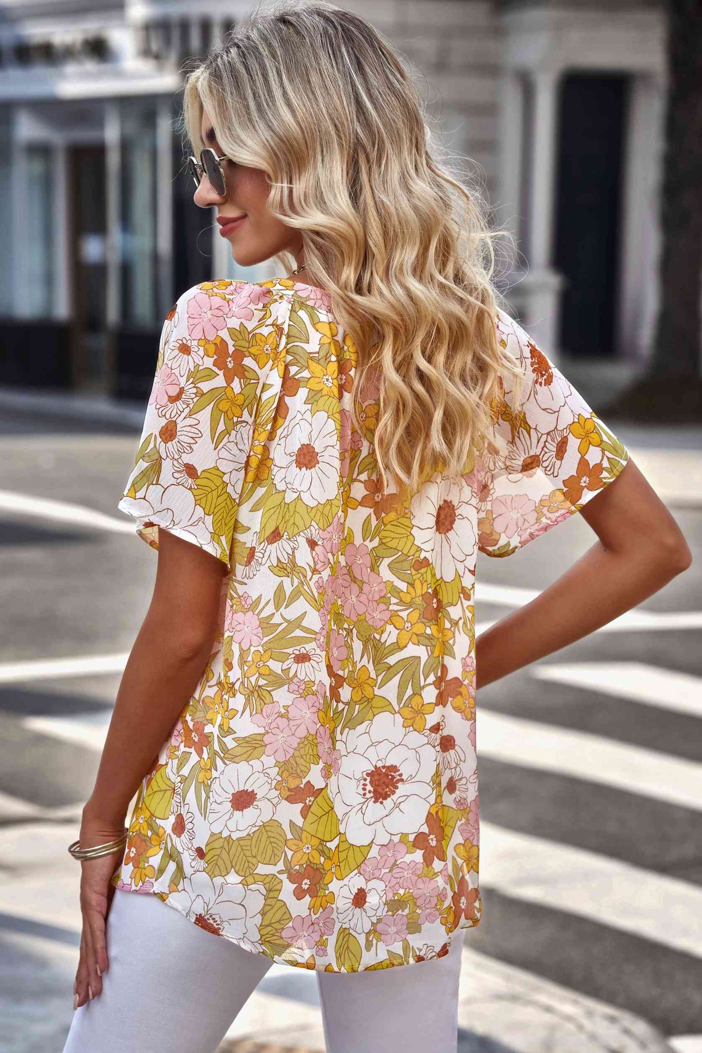 Floral Notched Neck Flutter Sleeve Blouse