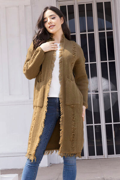 Fringe Trim Open Front Cardigan with Pockets