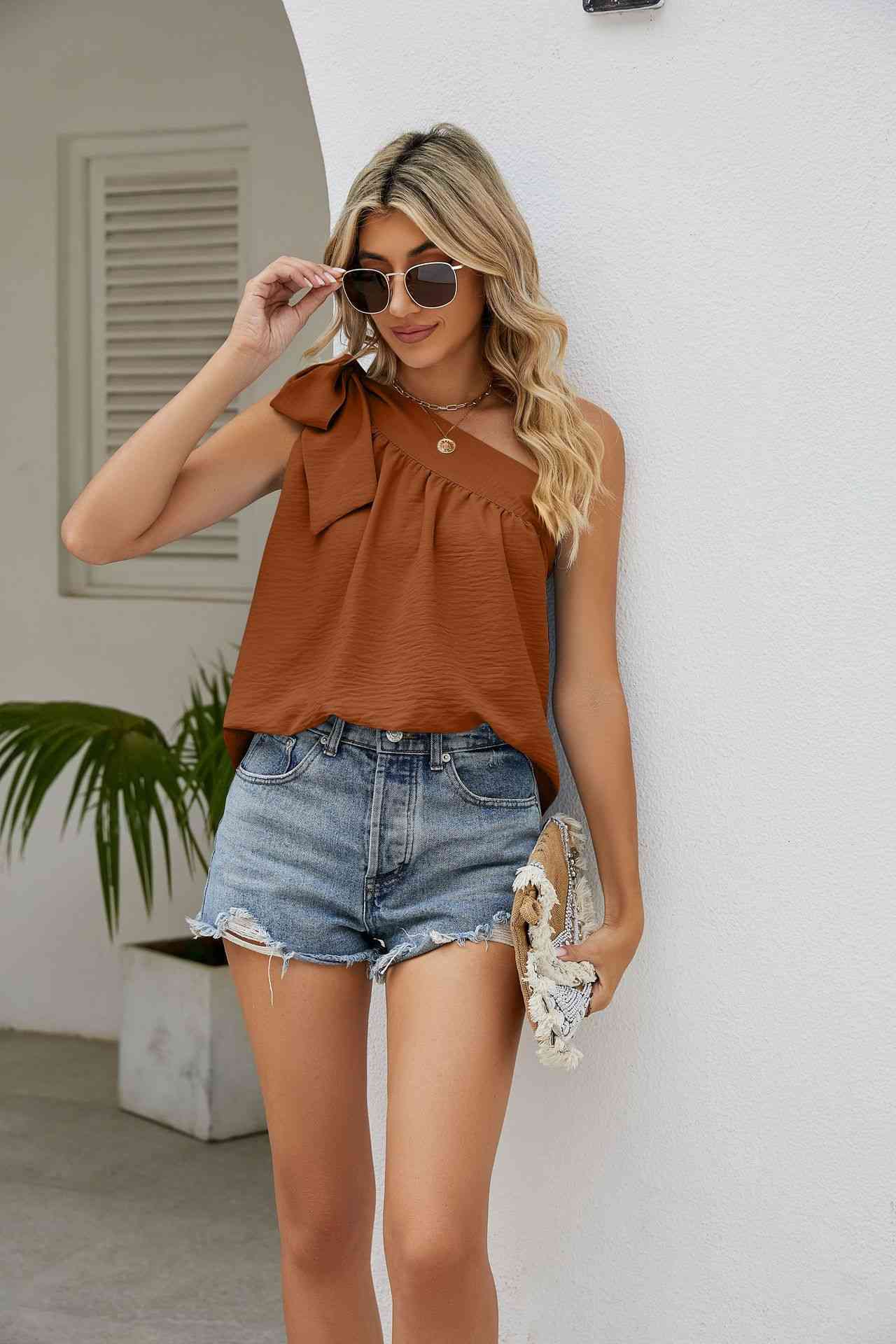 Tied One-Shoulder Sleeveless Top