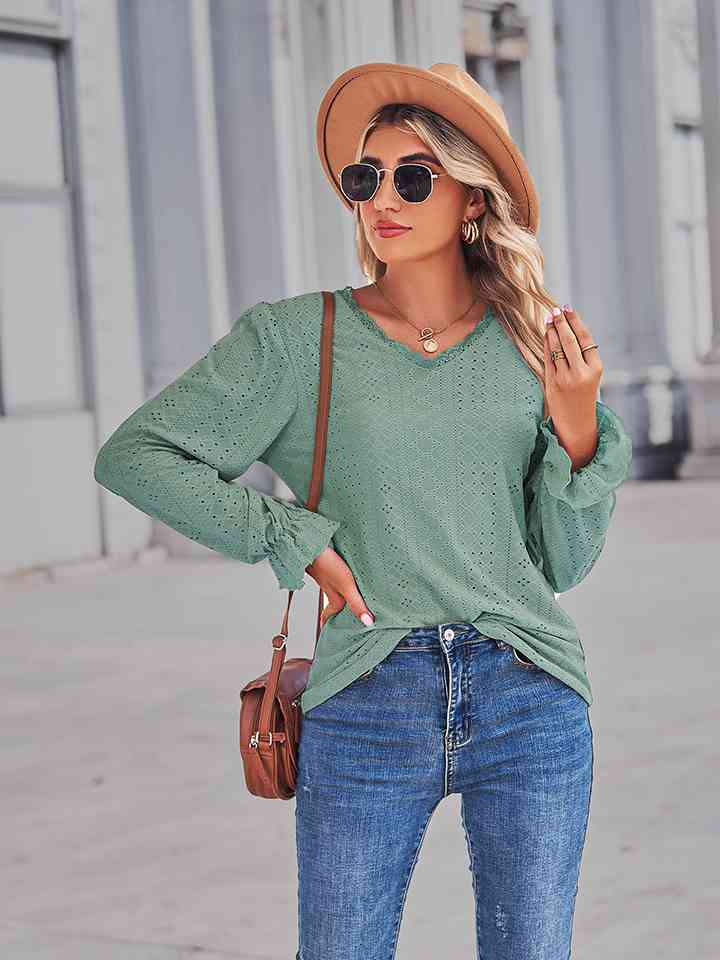 Eyelet V-Neck Flounce Sleeve Blouse