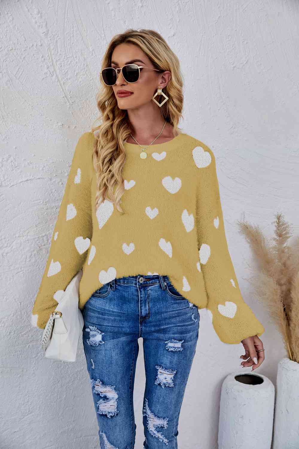 Woven Right Heart Print Fuzzy Crewneck Long Sleeve Sweater