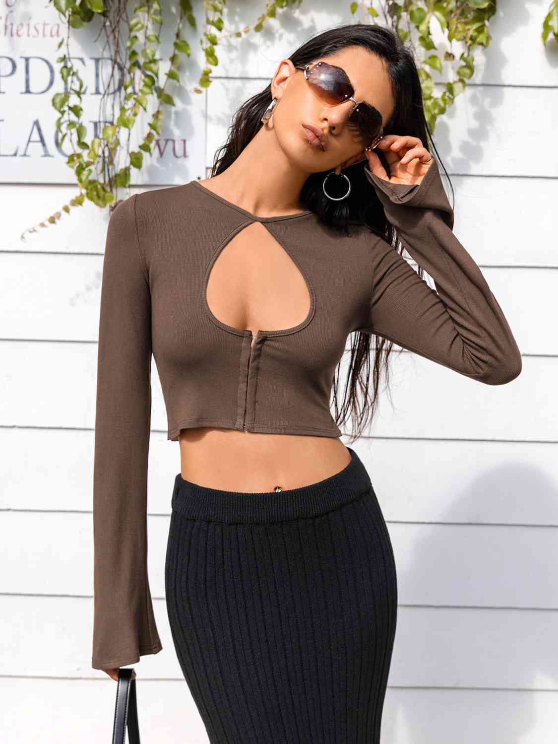 Lone Sleeve Cutout Zip Up Crop Top