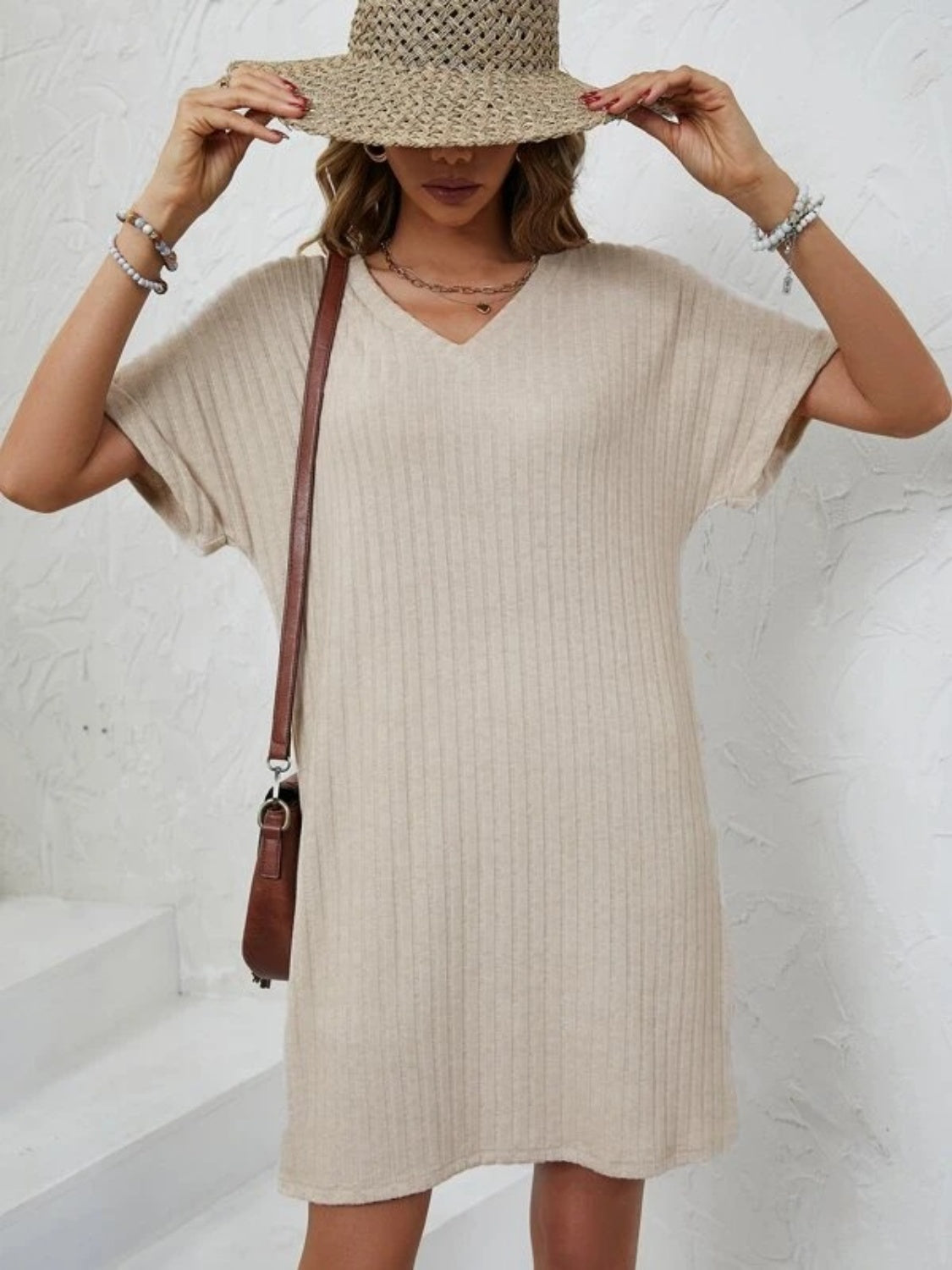 Ribbed V-Neck Short Sleeve Dress