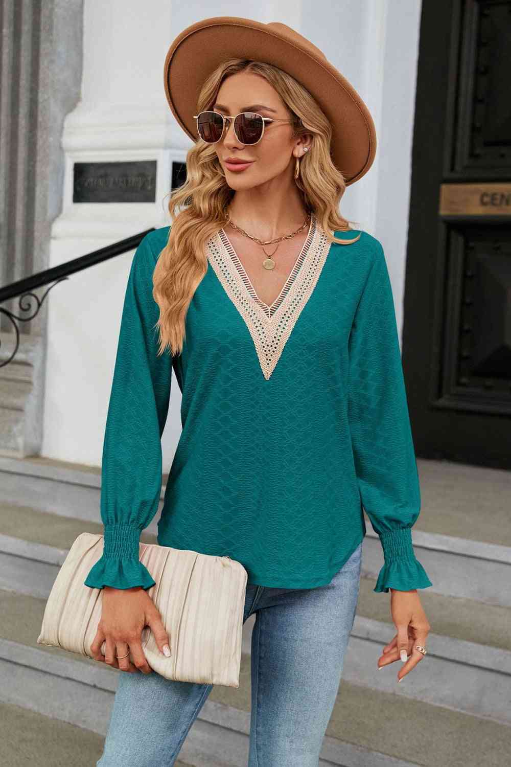 V-Neck Flounce Sleeve Blouse