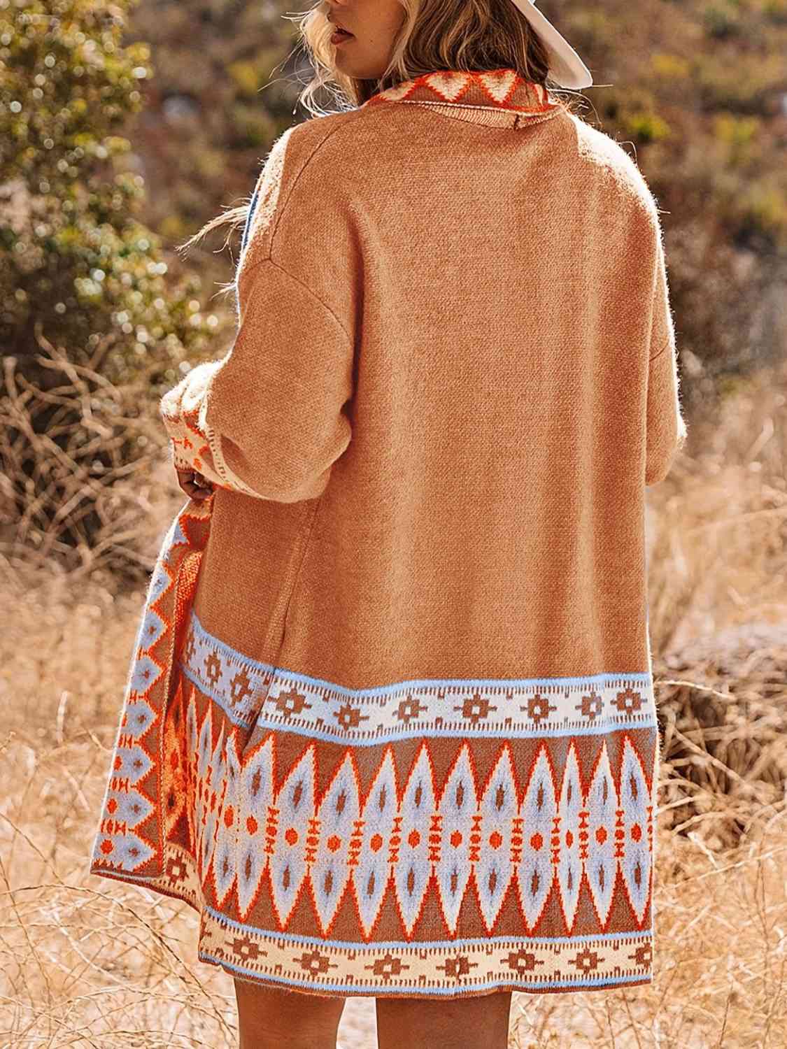 Plus Size Geometric  Open Front Cardigan with Pockets