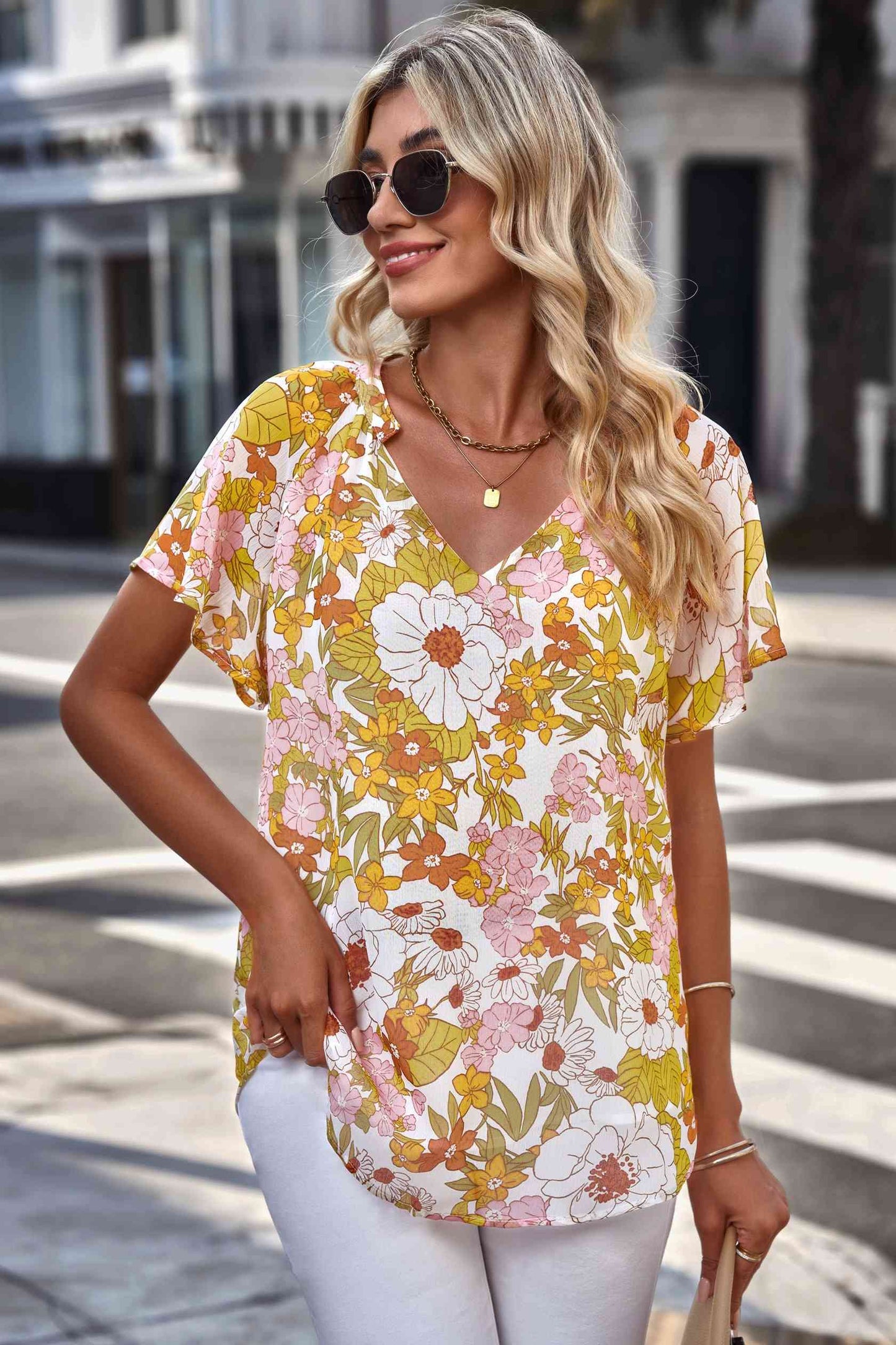 Floral Notched Neck Flutter Sleeve Blouse