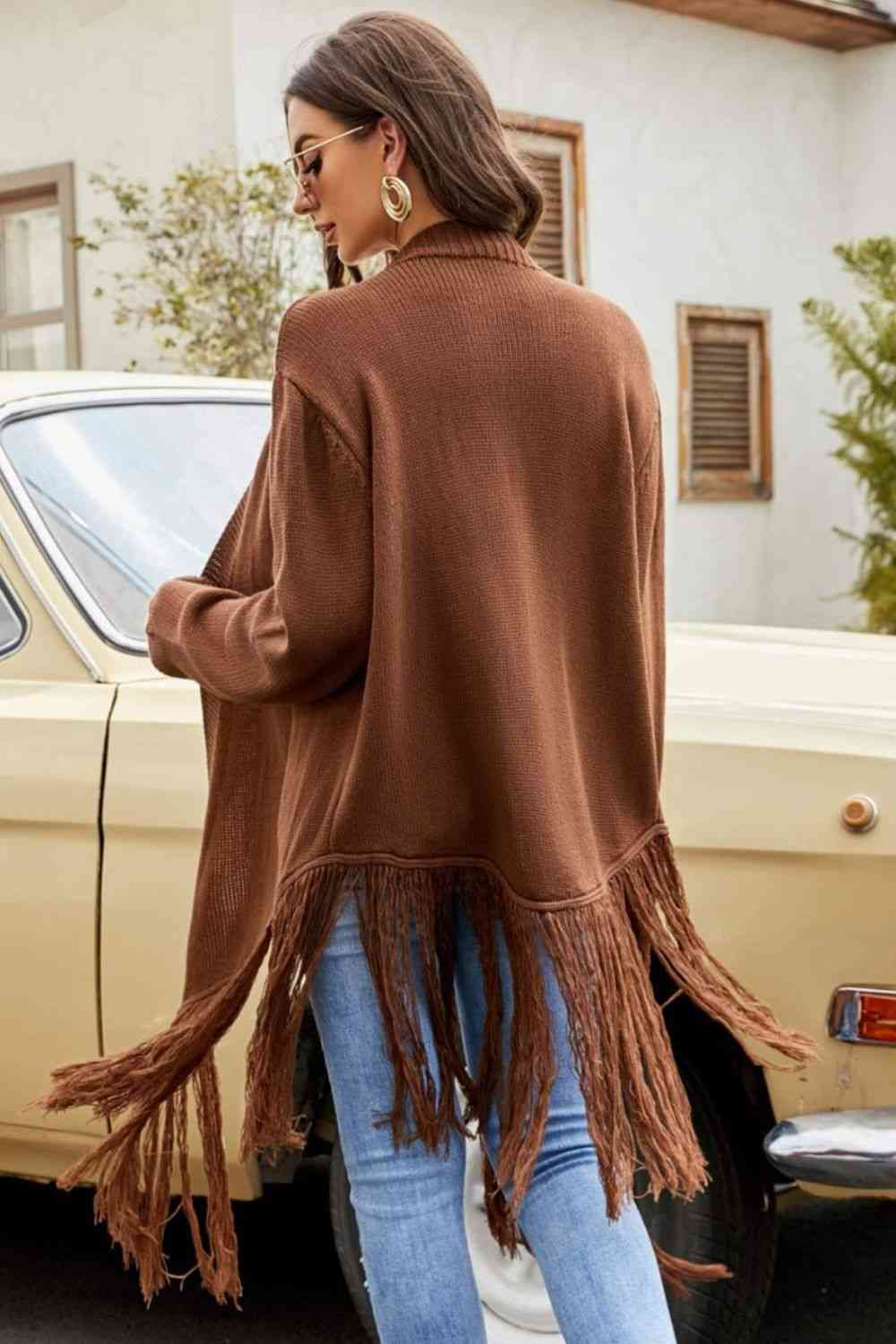 Double Take Fringe Hem Open Front Ribbed Trim Cardigan