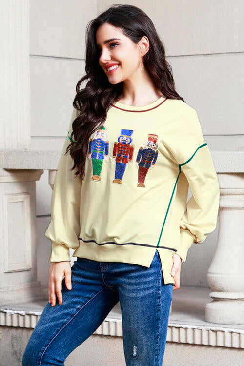 Sequin Nutcracker Round Neck Slit Sweatshirt