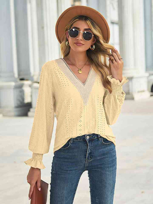 V-Neck Eyelet Flounce Sleeve Blouse