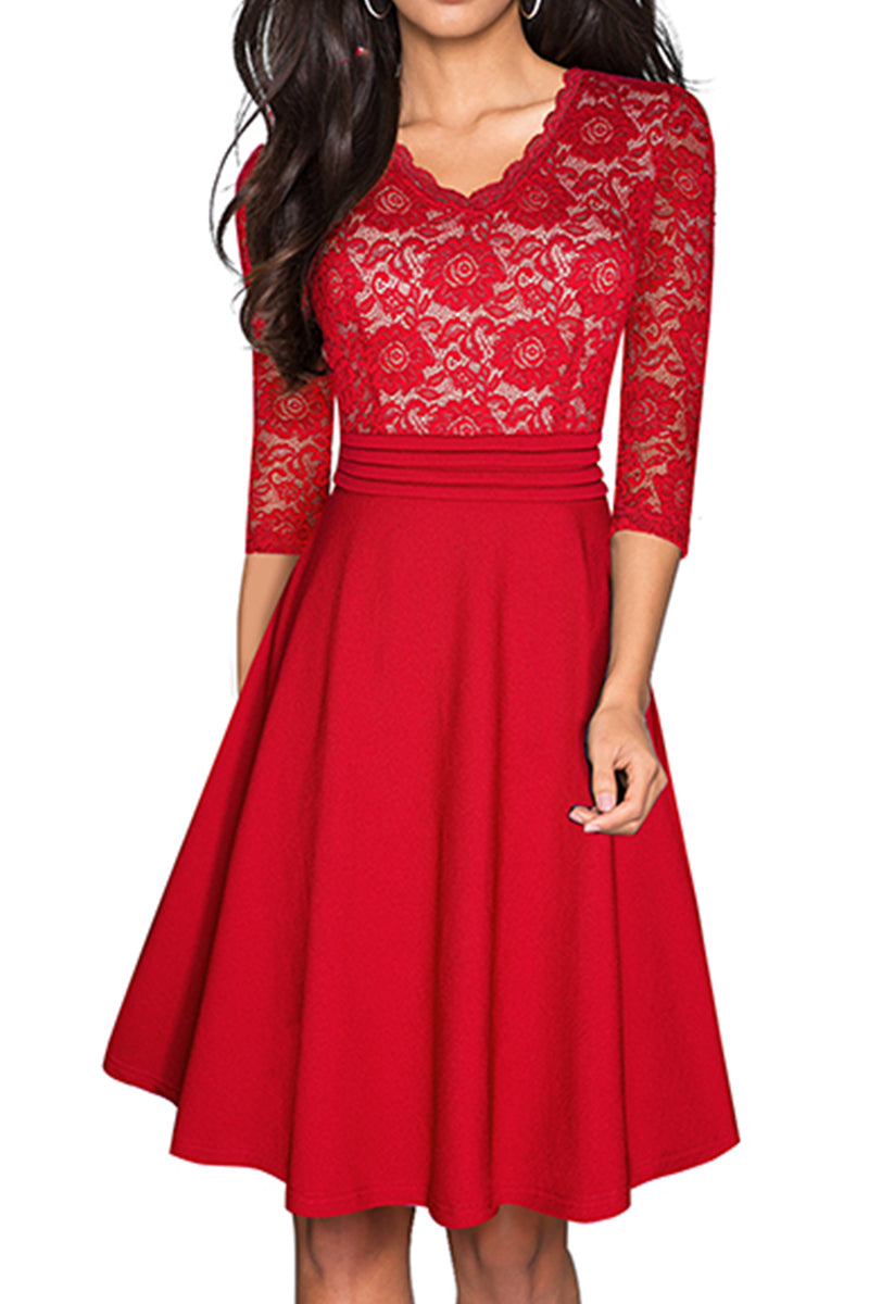 V-Neck Lace Detail Knee-Length Dress