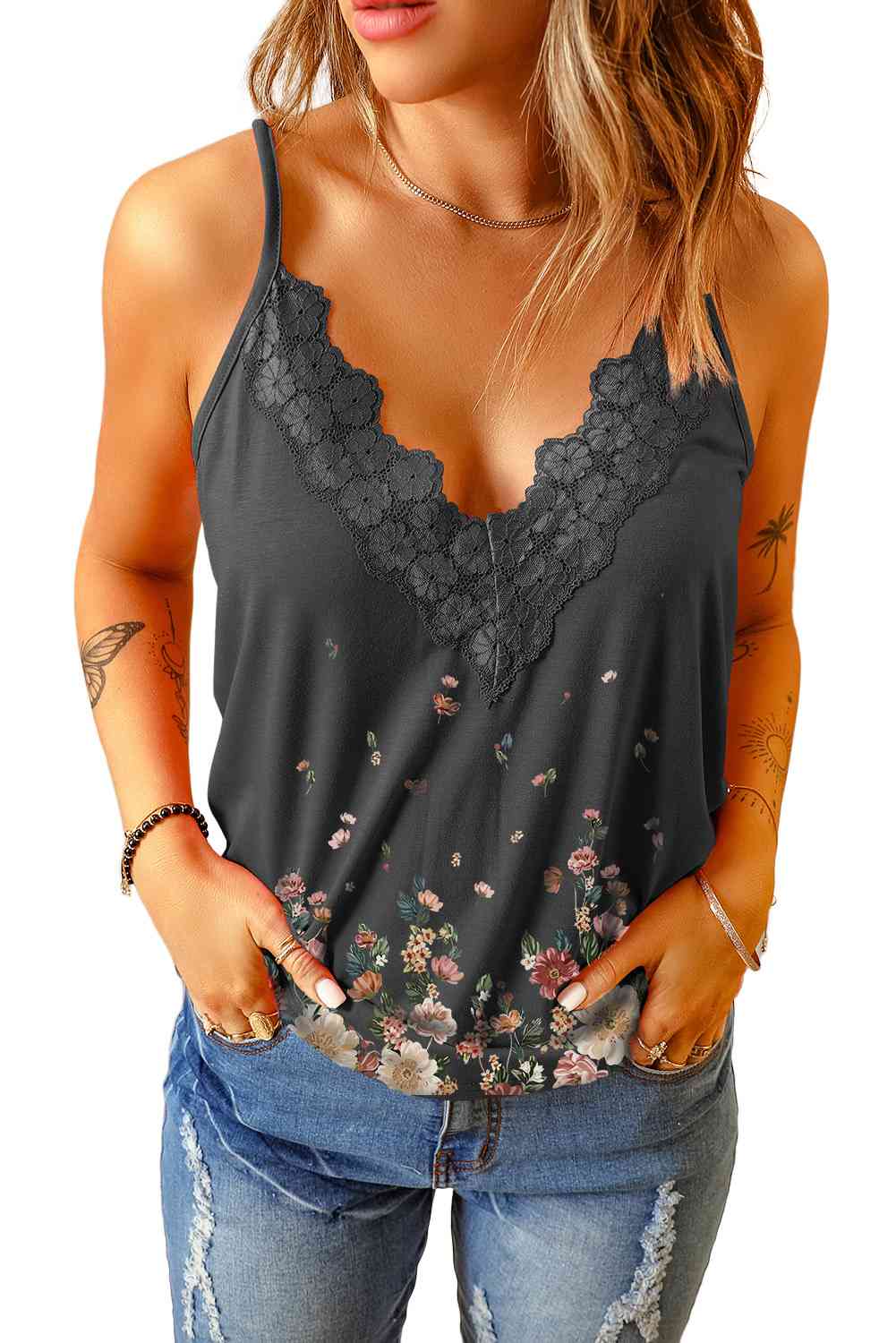 Floral Lace Trim Scalloped Plunge Cami