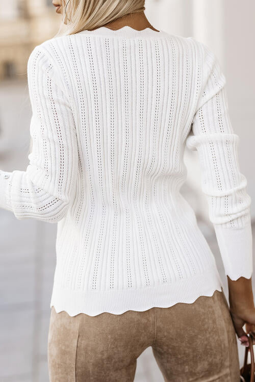 Eyelet Buttoned Long Sleeve Knit Top