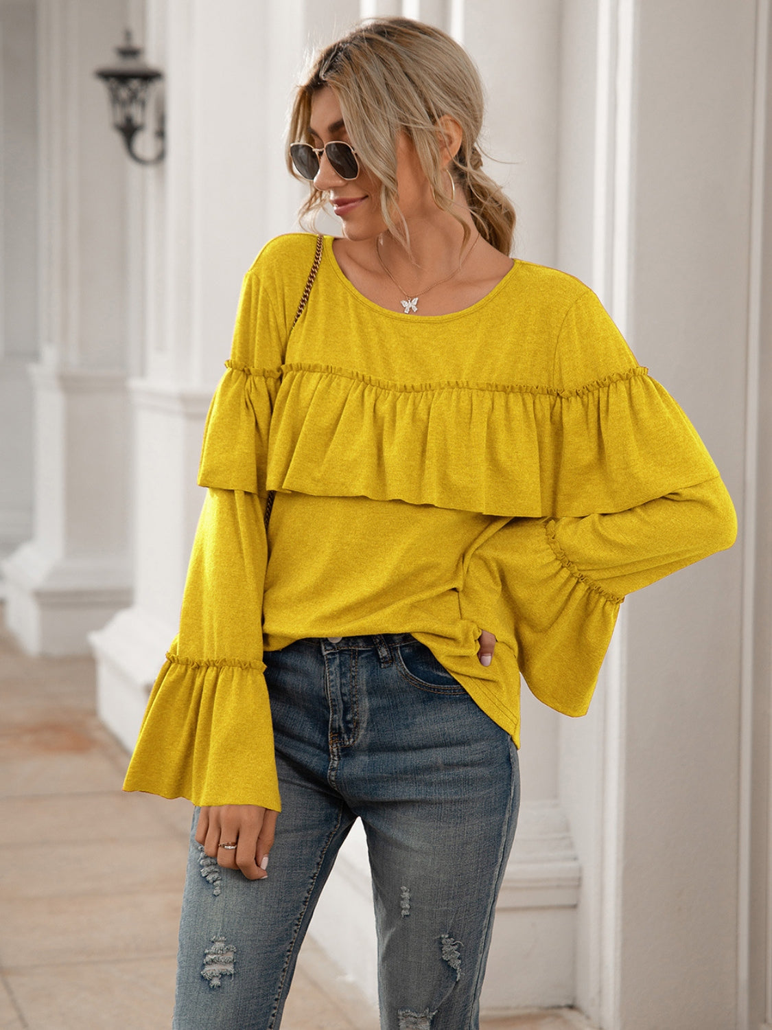 Round Neck Flare Sleeve Top