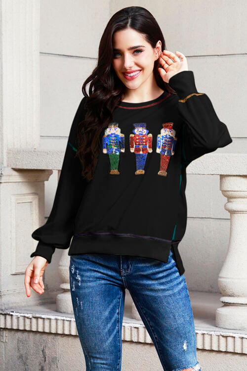 Sequin Nutcracker Round Neck Slit Sweatshirt