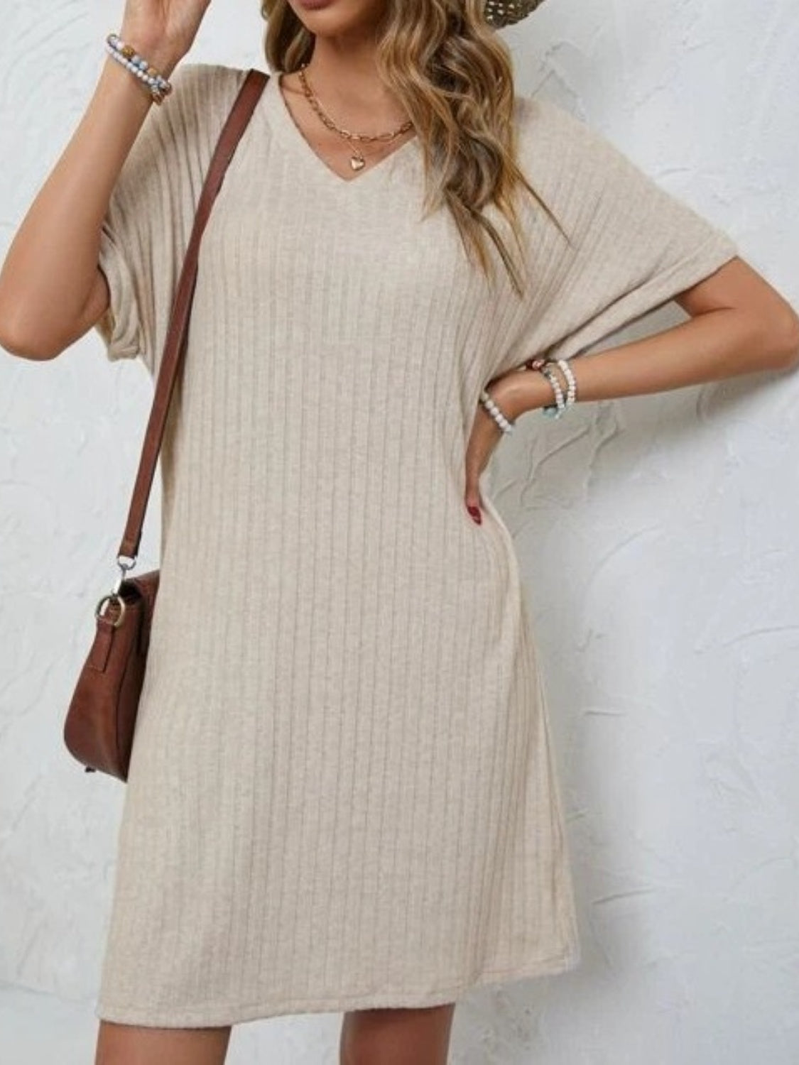 Ribbed V-Neck Short Sleeve Dress