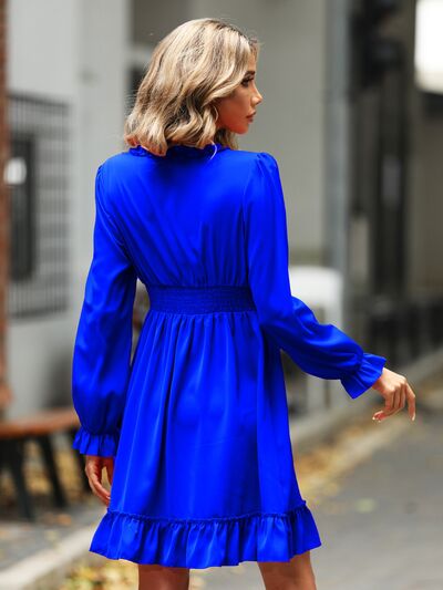 Ruffle Trim V-Neck Flounce Sleeve Dress