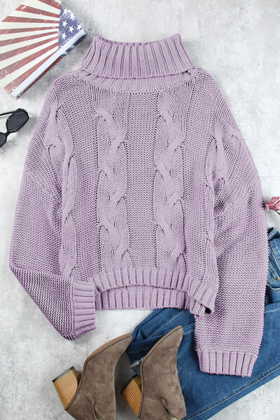 Cable-Knit Turtleneck Dropped Shoulder Sweater