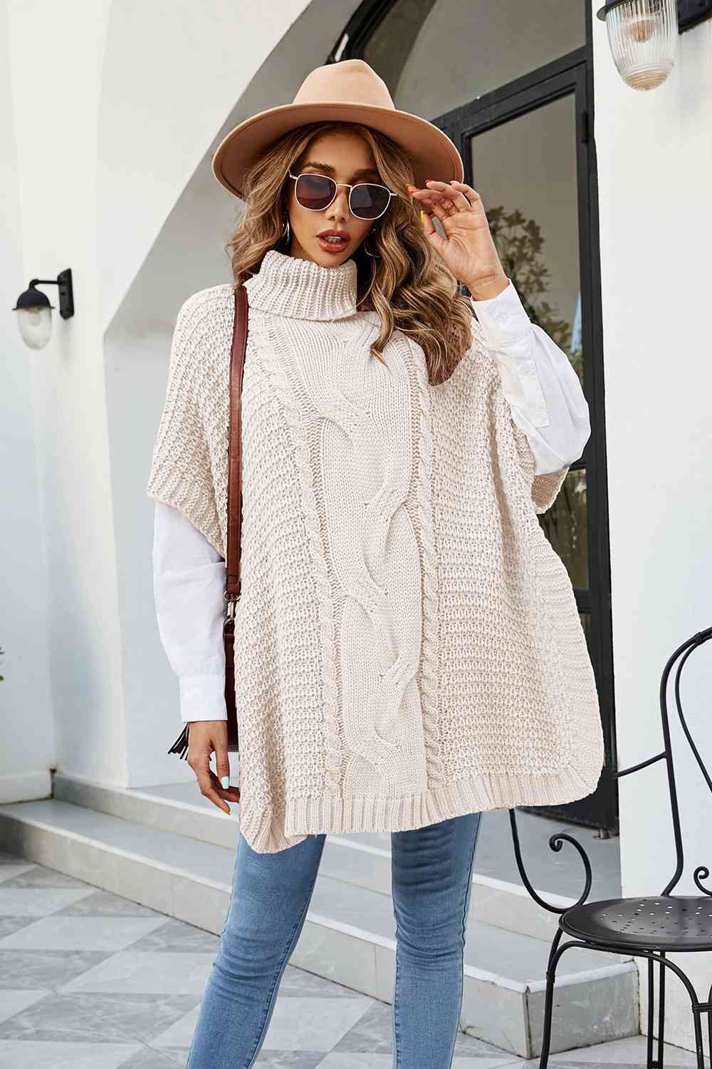 Cable-Knit Turtleneck Slit Sweater