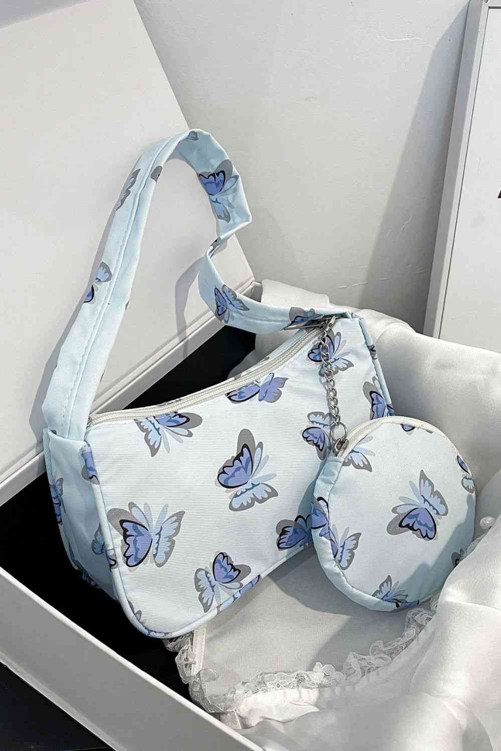 Butterfly Print Shoulder Bag with Purse