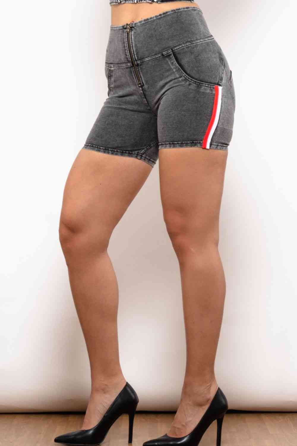 Full Size Side Stripe Zip Closure Denim Shorts