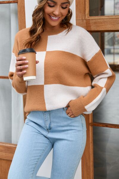 Color Block Round Neck Dropped Shoulder Sweater