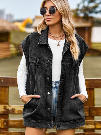 Button Up Collared Neck Sleeveless Denim Jacket