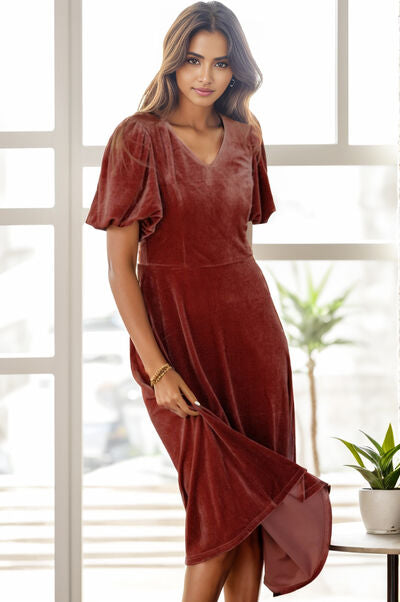 V-Neck Balloon Sleeve Midi Dress