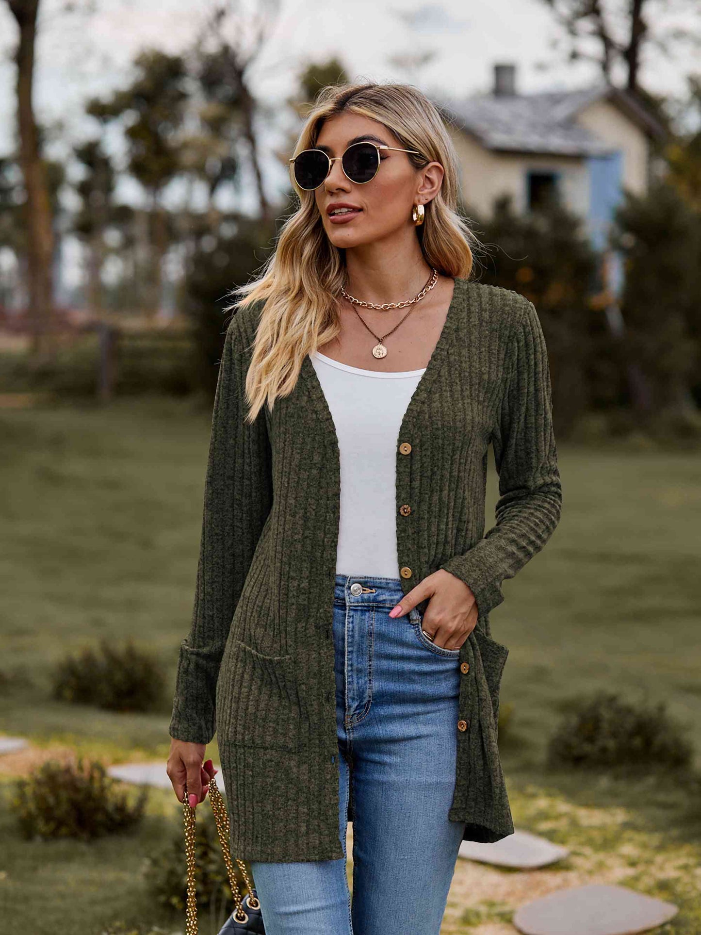 Ribbed Button-Up Cardigan with Pockets