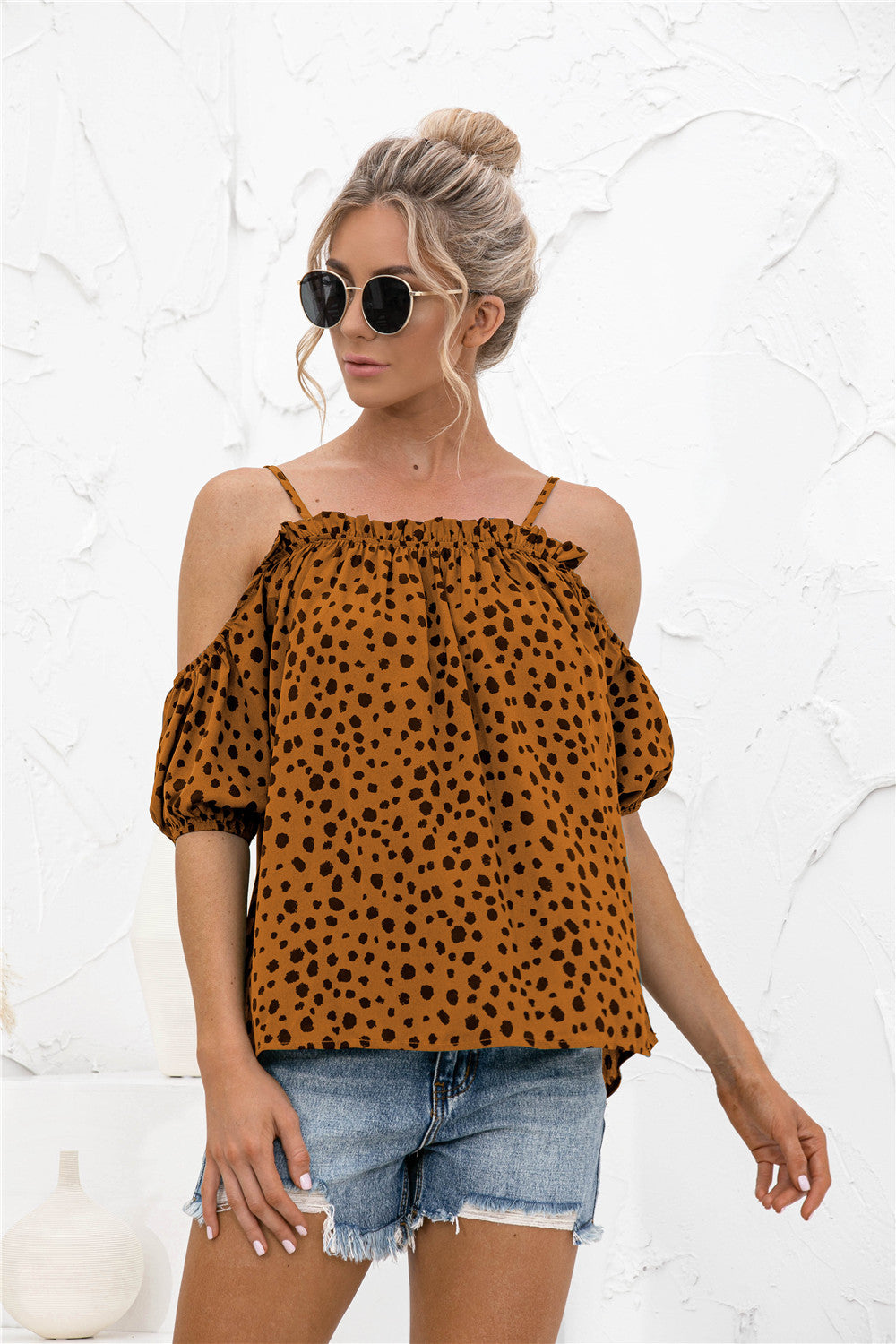 Printed Cold-Shoulder Frill Trim Blouse