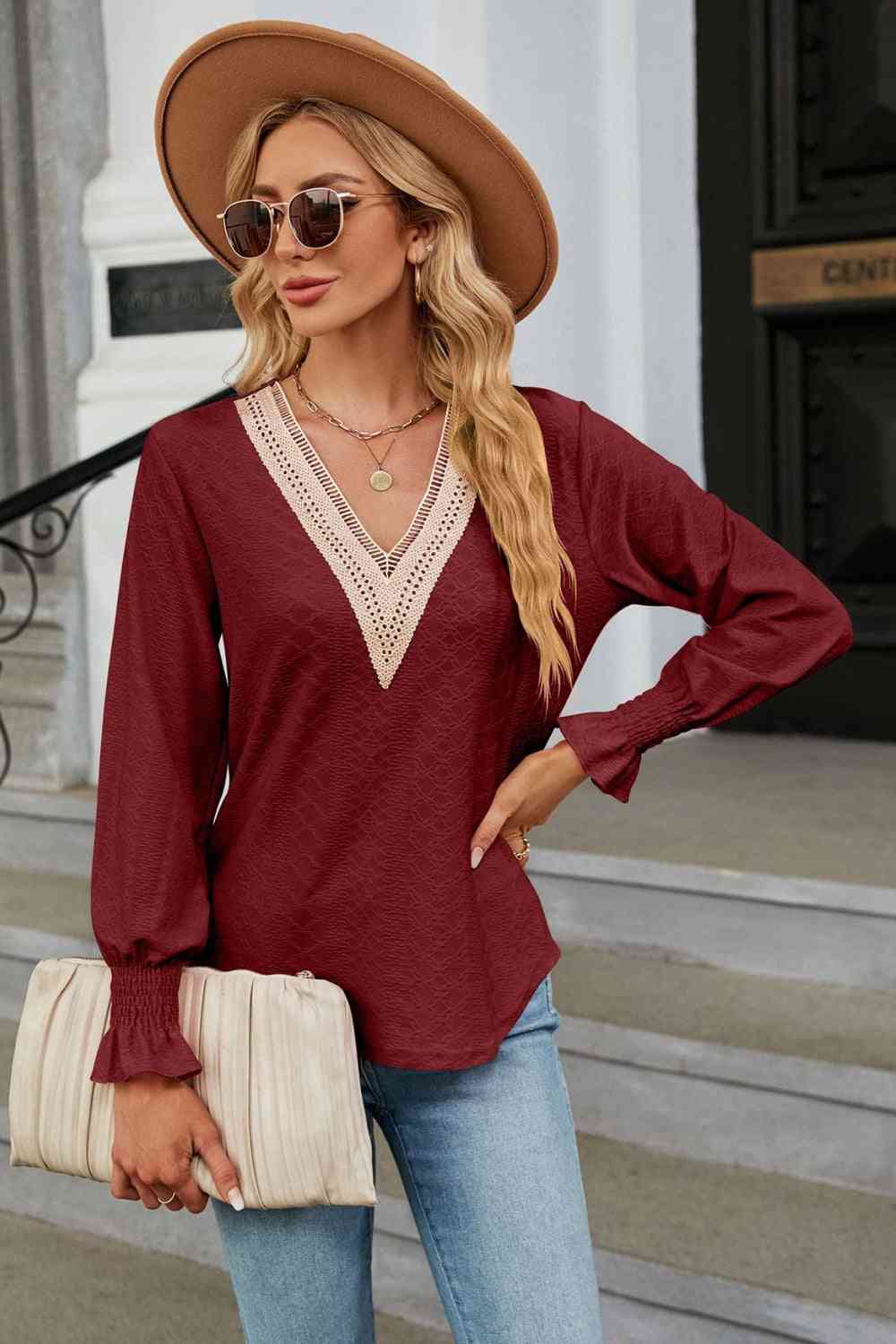 V-Neck Flounce Sleeve Blouse