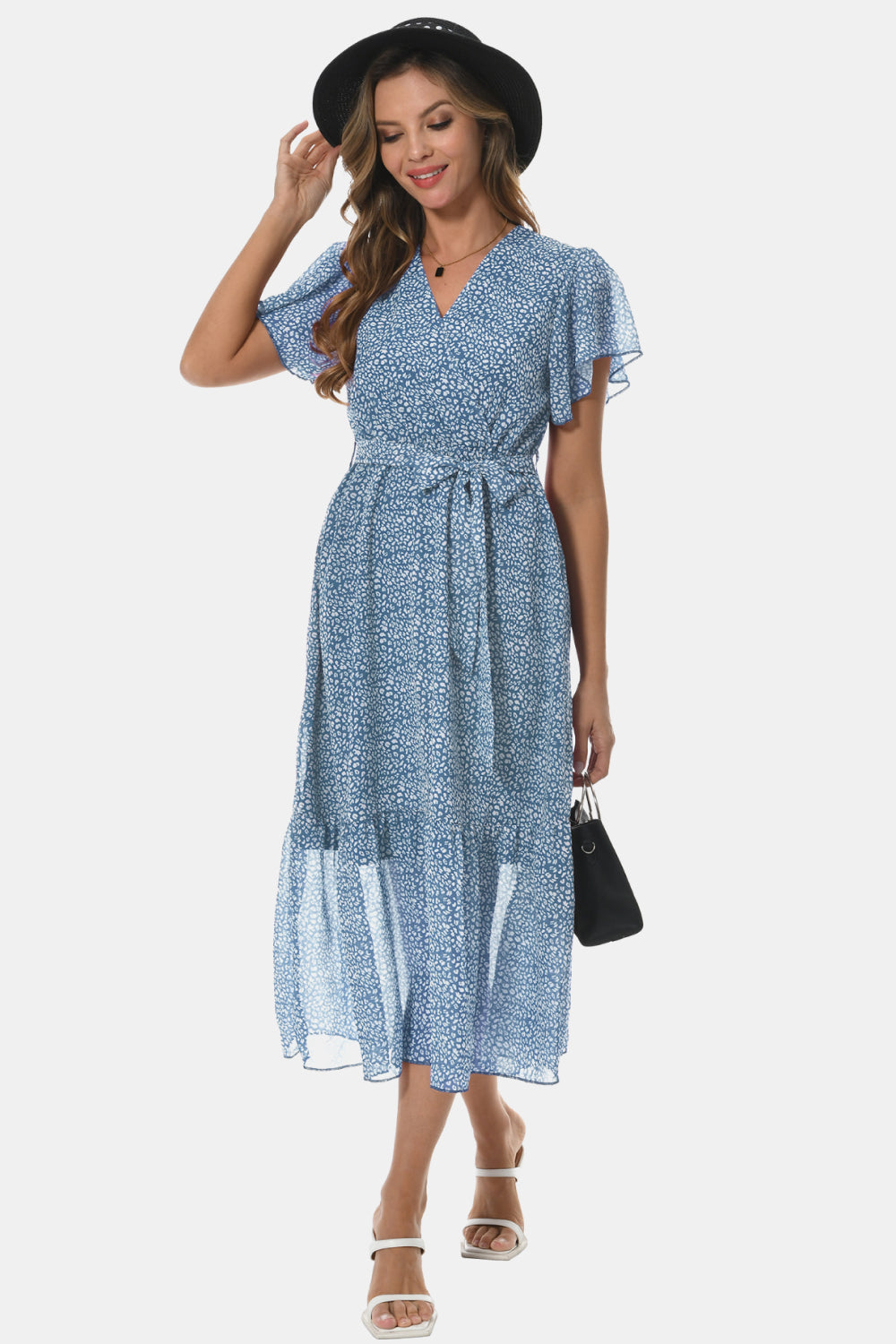 Surplice Neck Flutter Sleeve Tied Dress