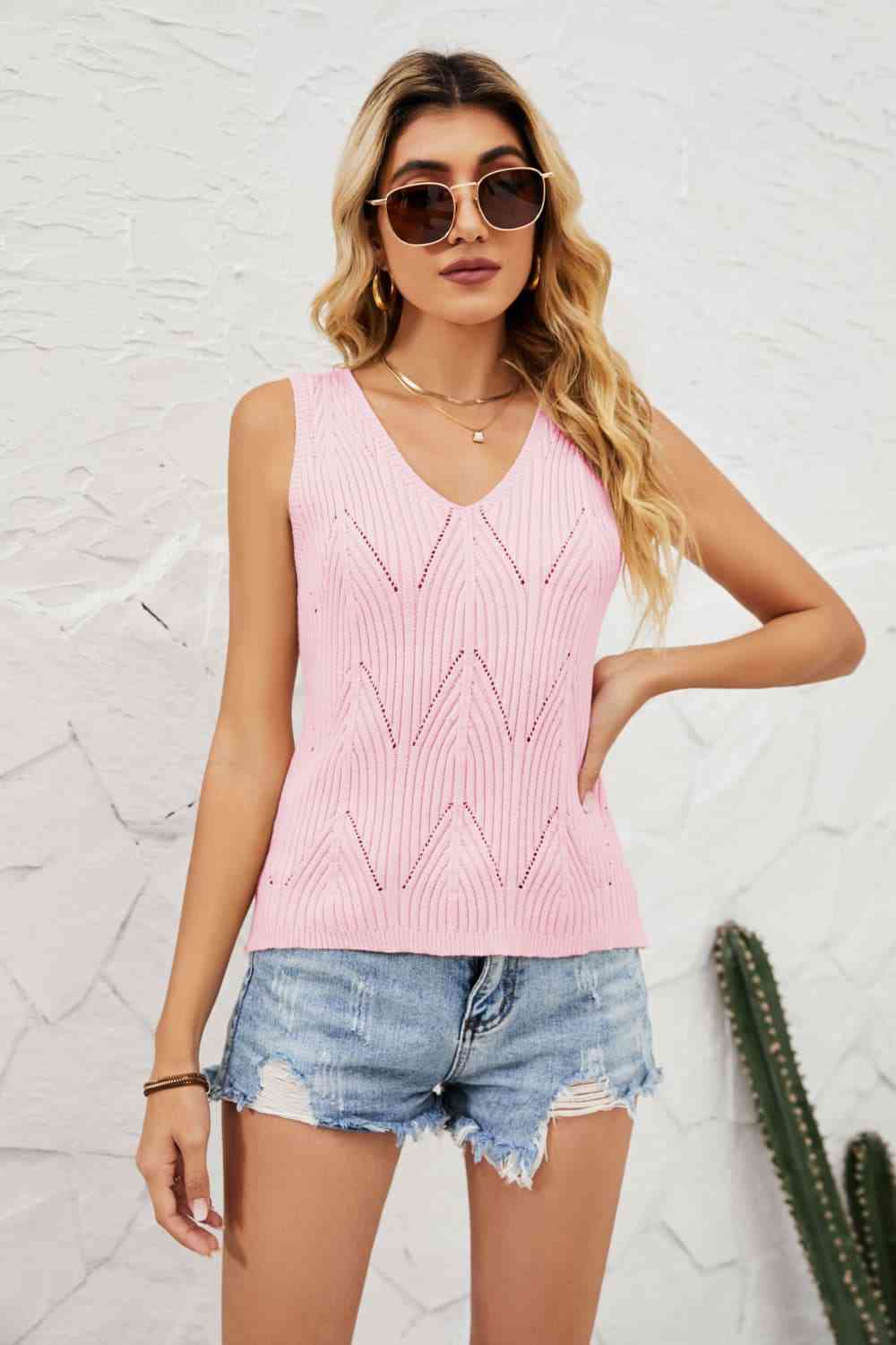 Openwork V-Neck Knit Top