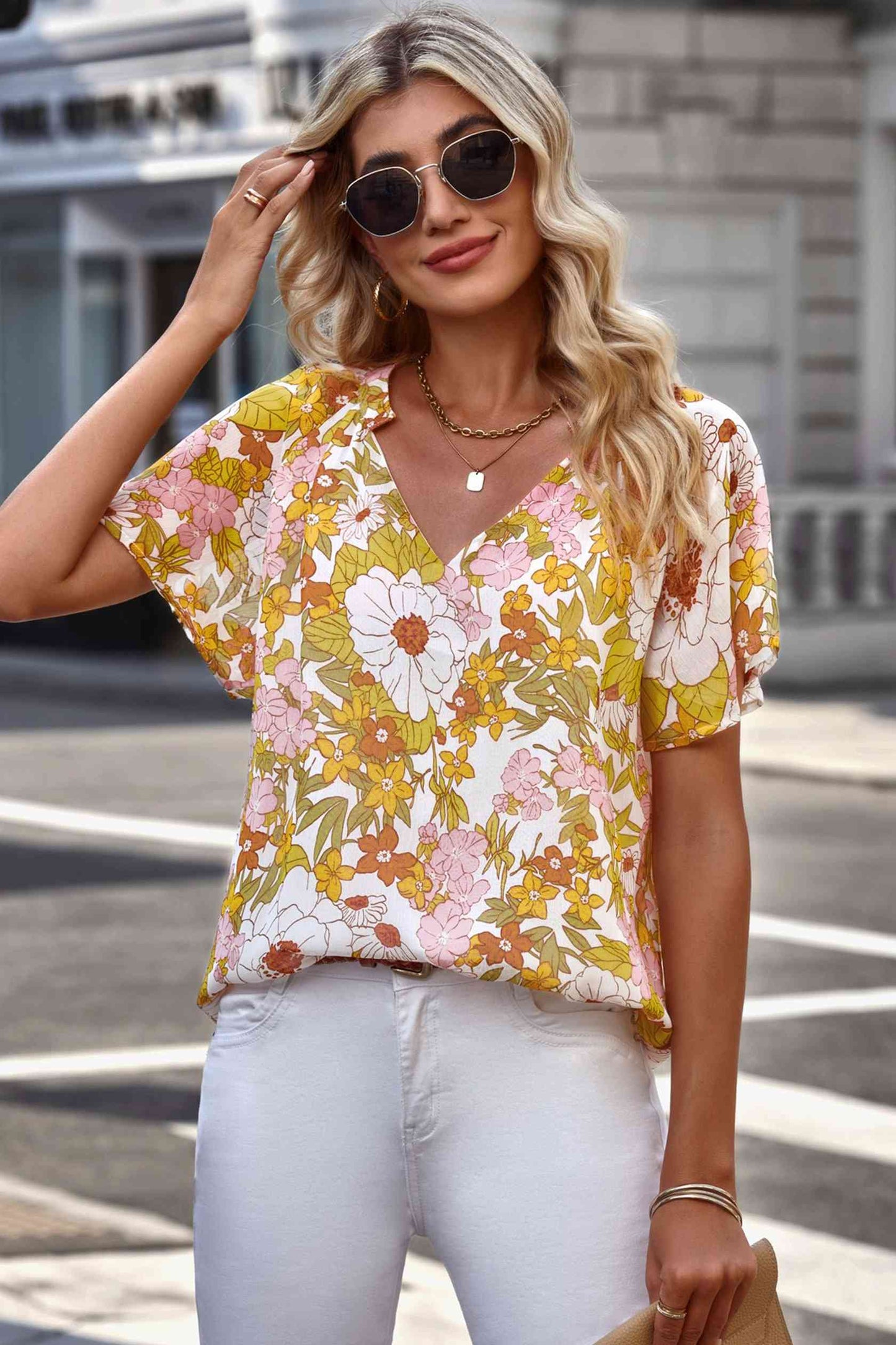 Floral Notched Neck Flutter Sleeve Blouse