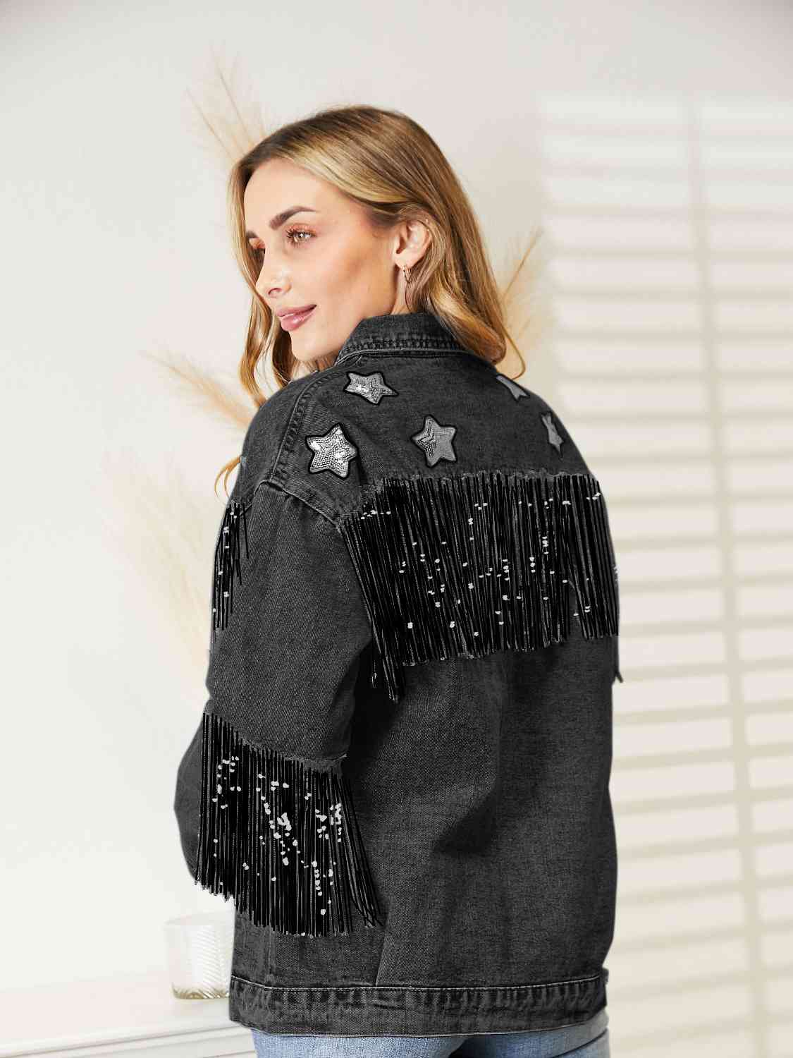 Fringe Detail Long Sleeve Denim Jacket