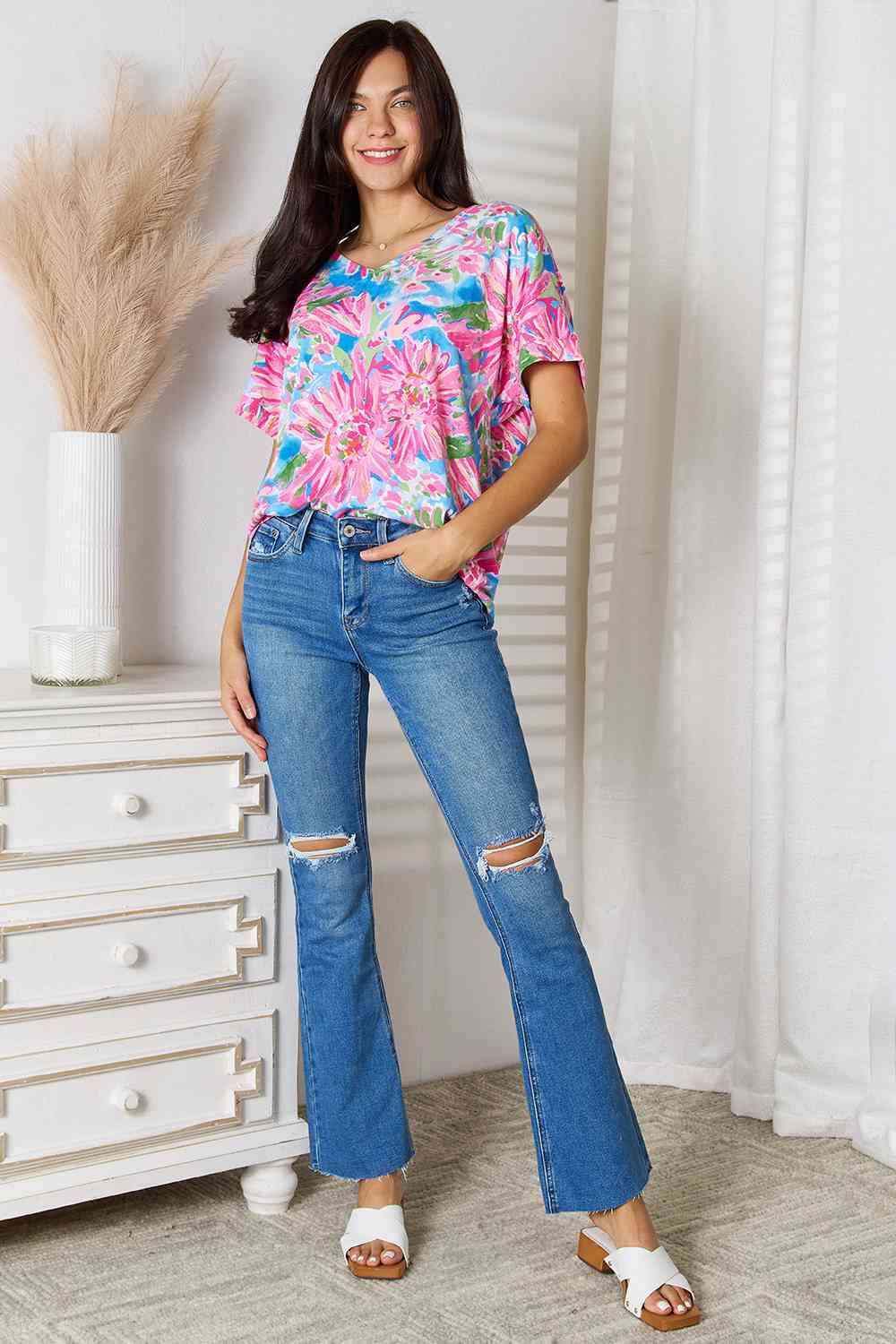 Double Take Floral V-Neck Short Sleeve Blouse