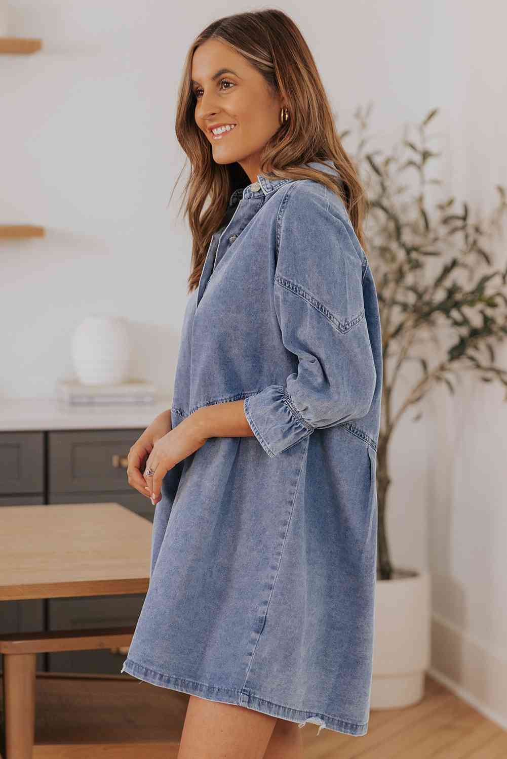 Collared Neck Flounce Sleeve Denim Mini Dress