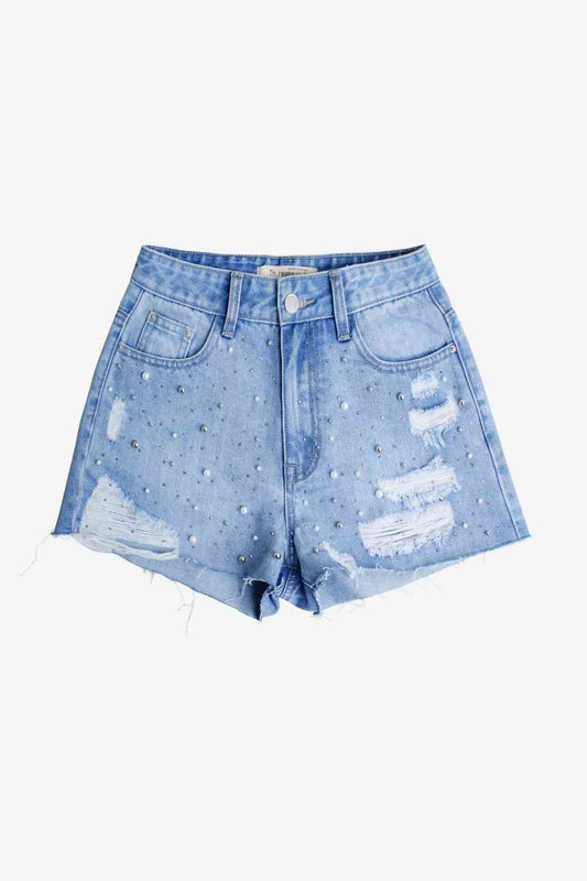 Full Size Distressed Bead Denim Shorts