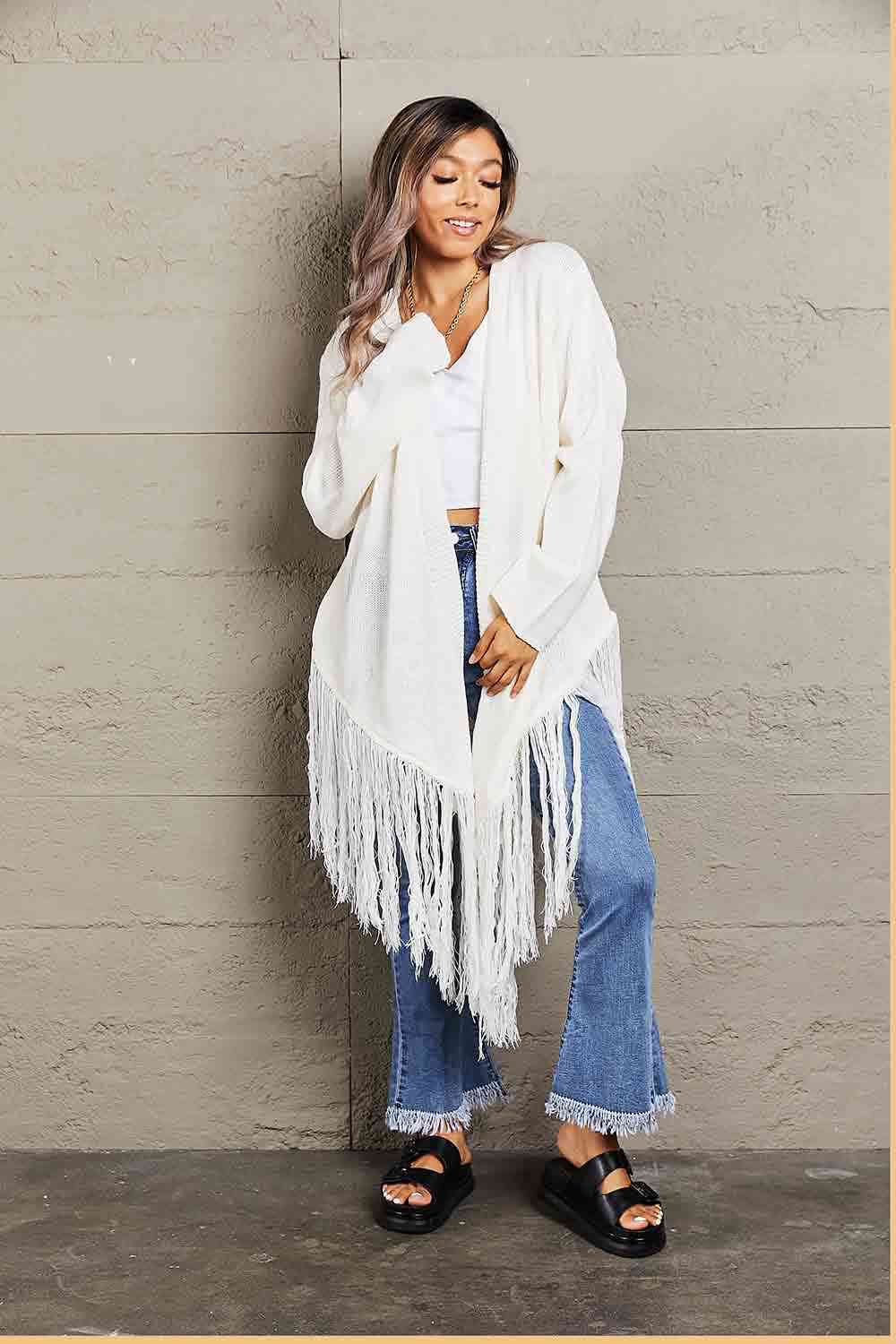 Double Take Fringe Hem Open Front Ribbed Trim Cardigan