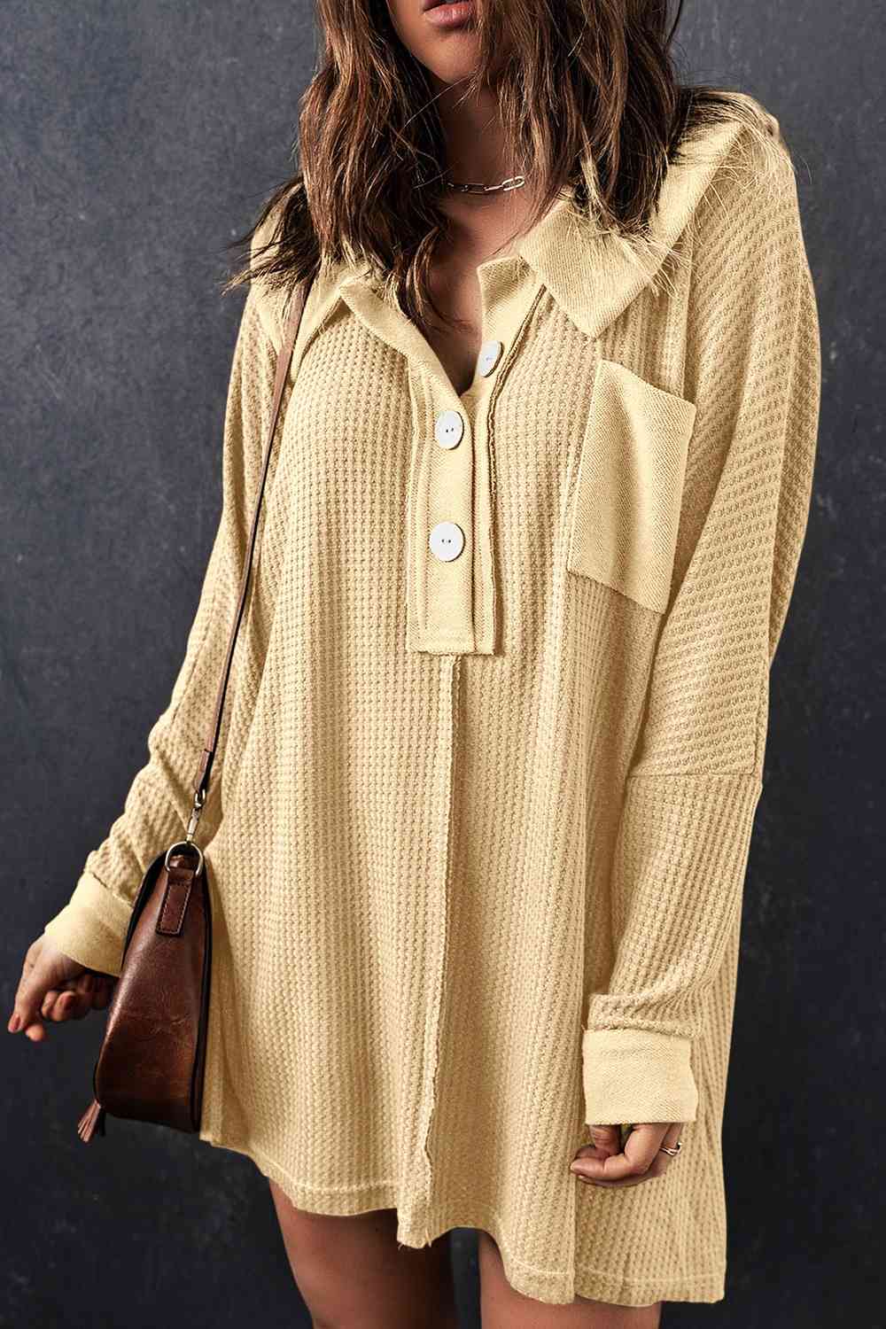 Waffle Knit Buttoned Long Sleeve Top with Breast Pocket