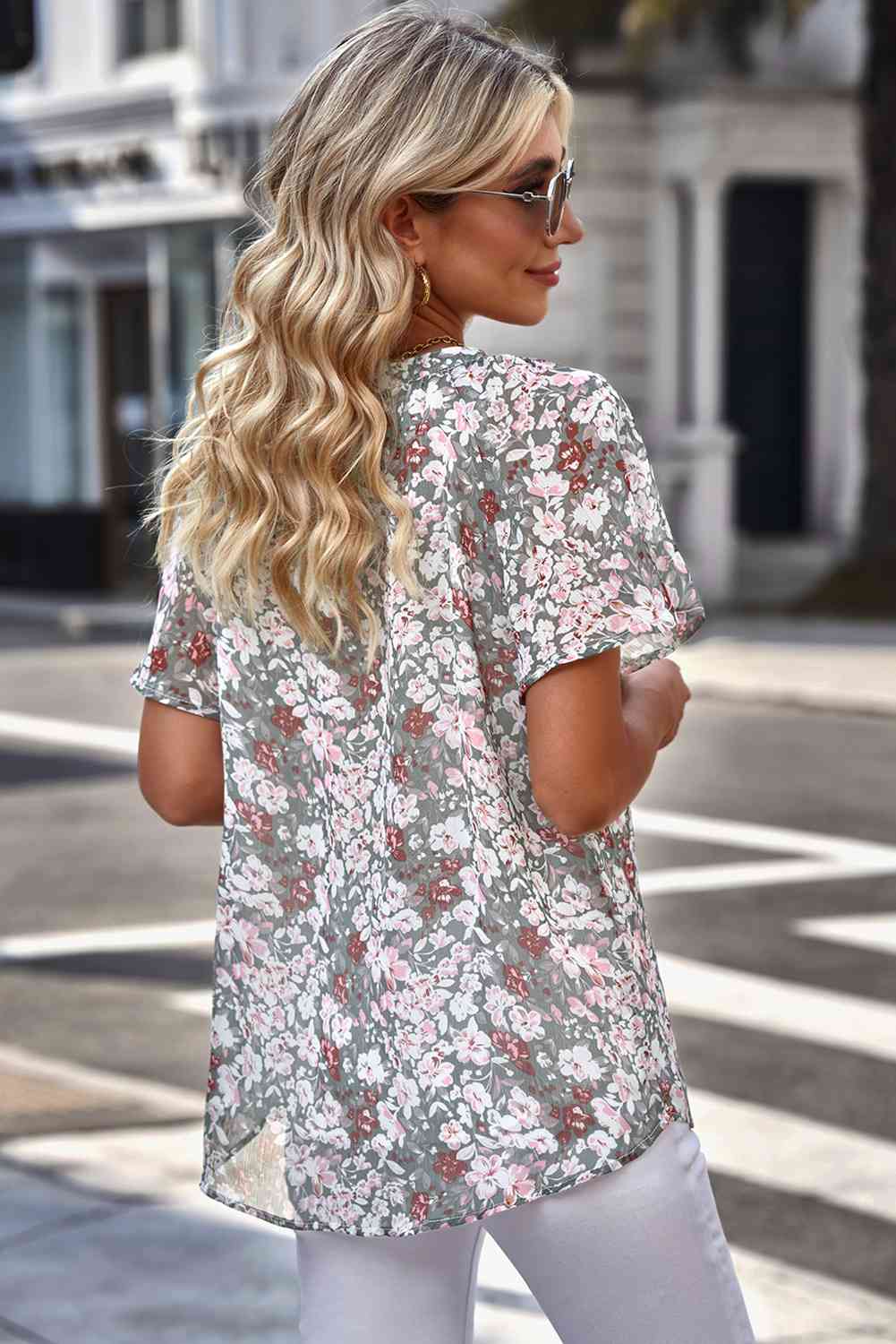 Floral Notched Neck Flutter Sleeve Blouse