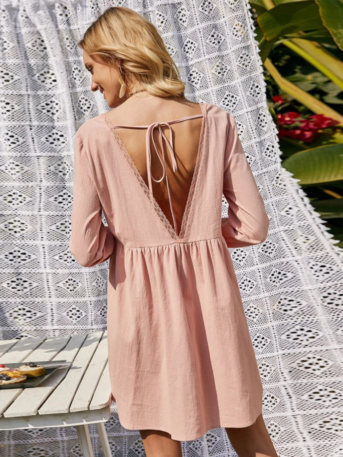 Lace Detail V-Neck Tie-Back Dress