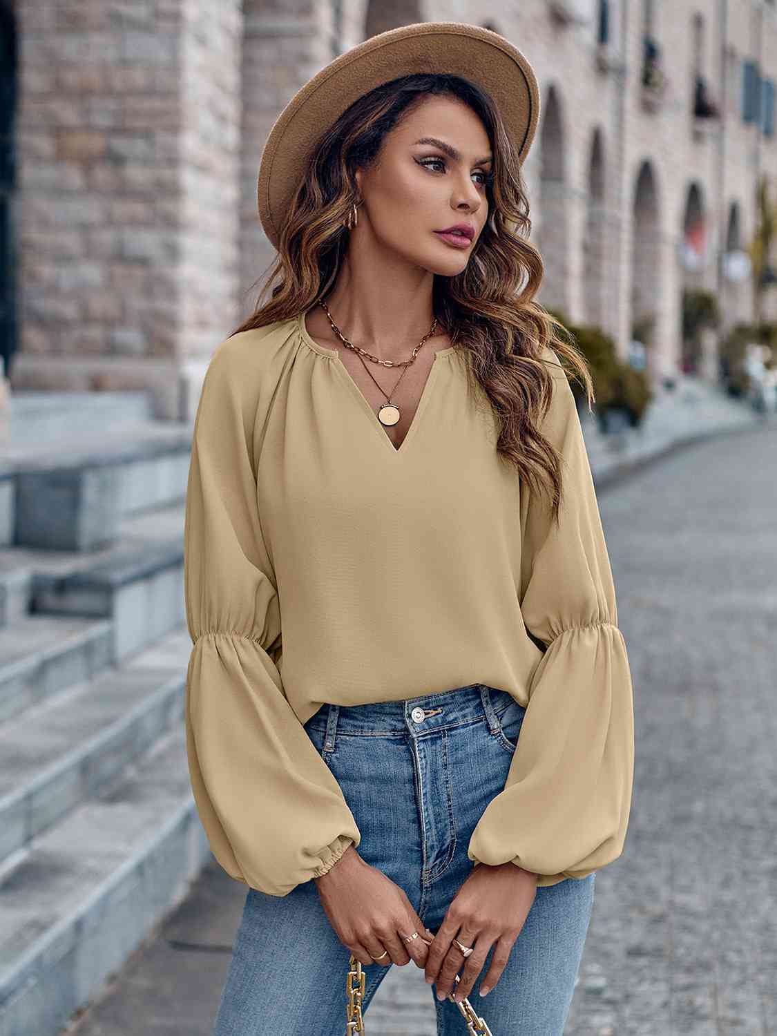 Notched Neck Long Sleeve Top