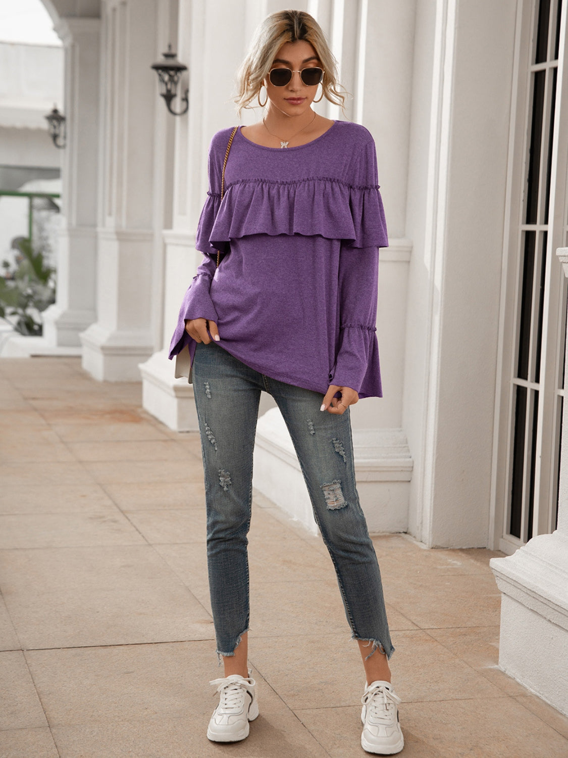 Round Neck Flare Sleeve Top