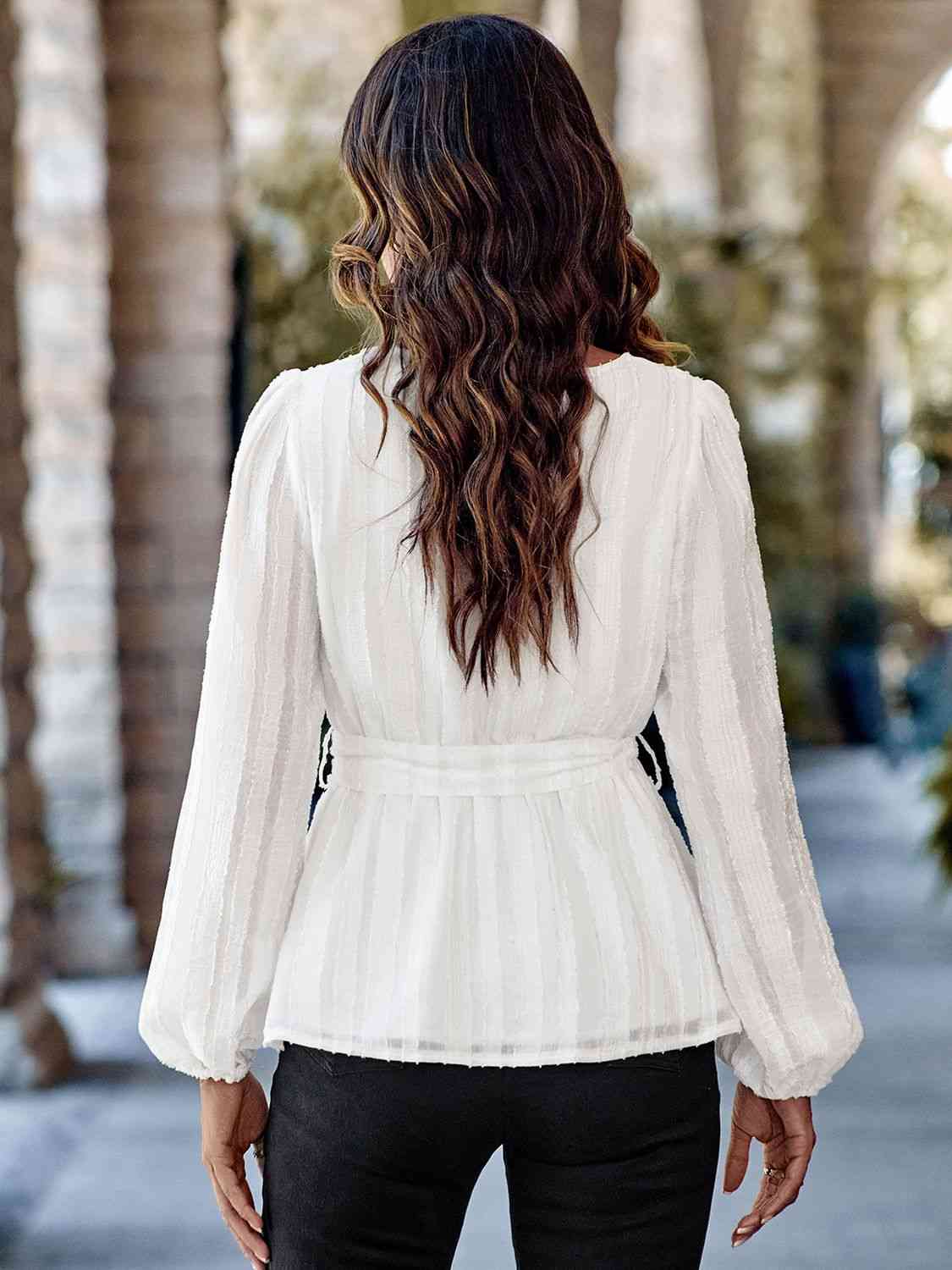 V-Neck Tie Waist Long Sleeve Blouse