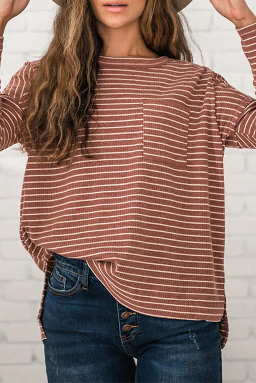 Striped Round Neck Long Sleeve Slit T-Shirt