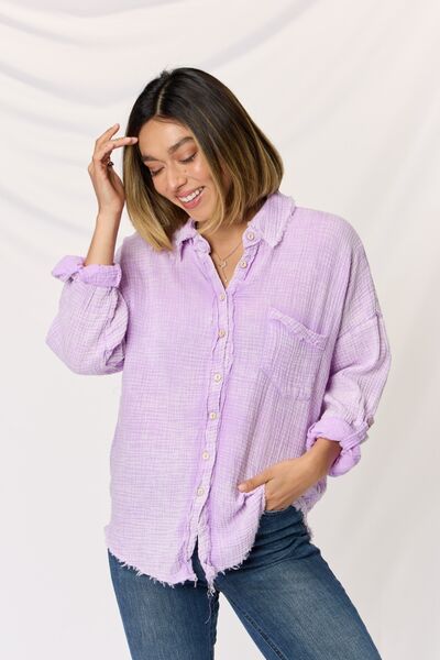 Zenana Washed Texture Button Up Raw Hem Long Sleeve Shirt